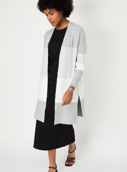 Women Colourblock Open Front Long Cardigan