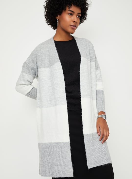 Women Colourblock Open Front Long Cardigan