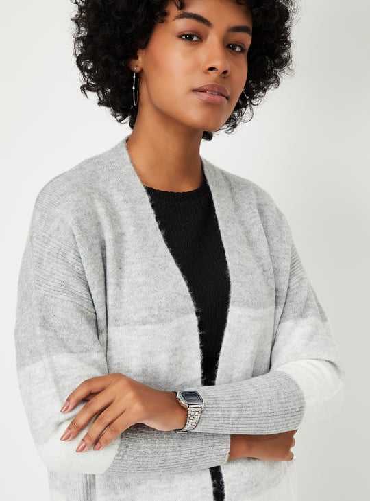 Women Colourblock Open Front Long Cardigan
