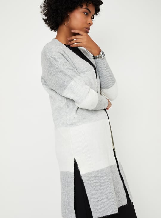 Women Colourblock Open Front Long Cardigan