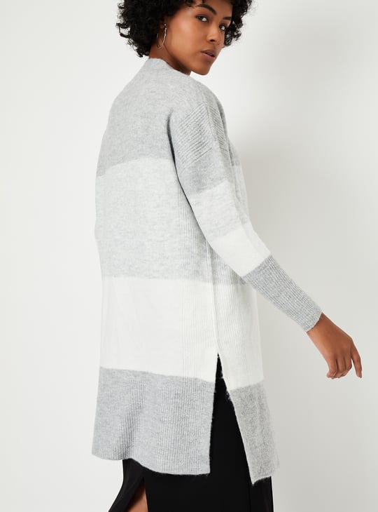 Women Colourblock Open Front Long Cardigan