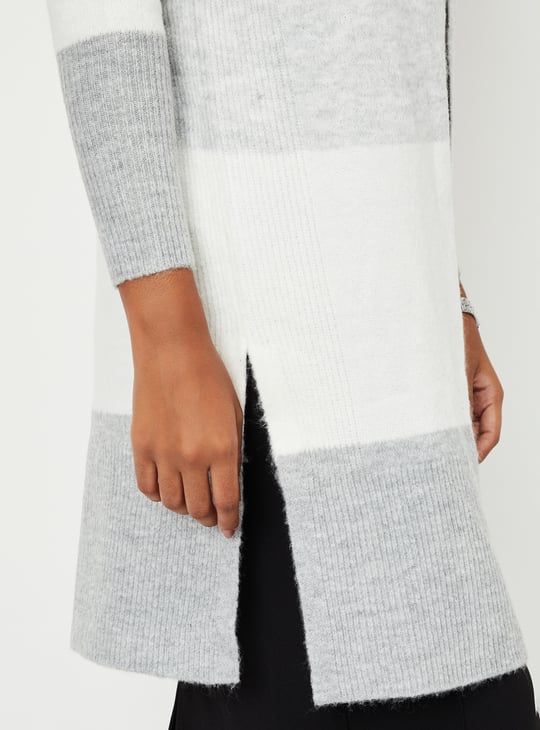 Women Colourblock Open Front Long Cardigan