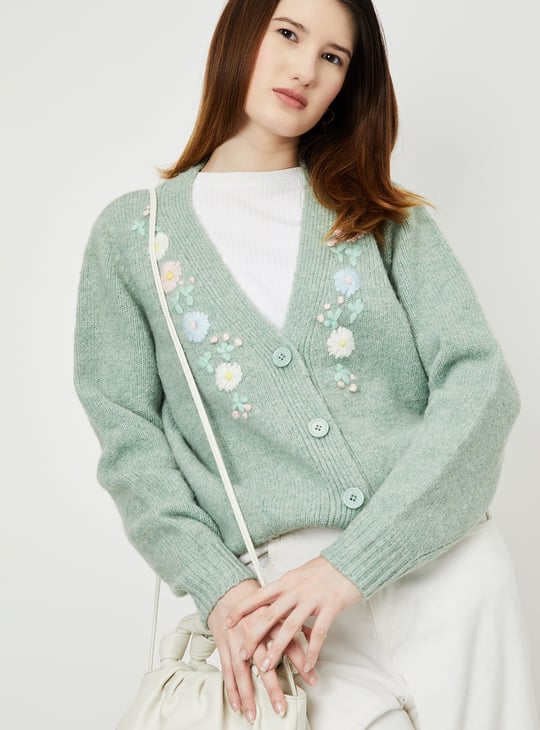 Women Floral Embroidered Knit Cardigan