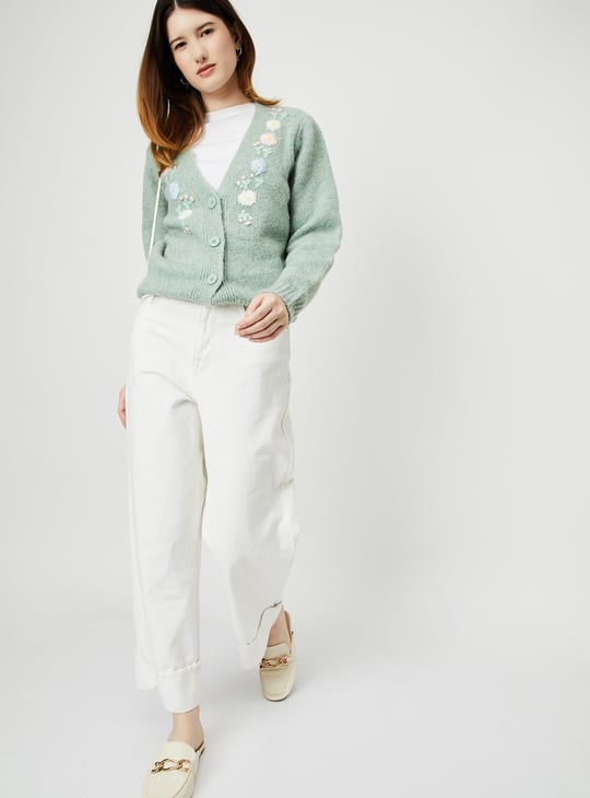 Women Floral Embroidered Knit Cardigan