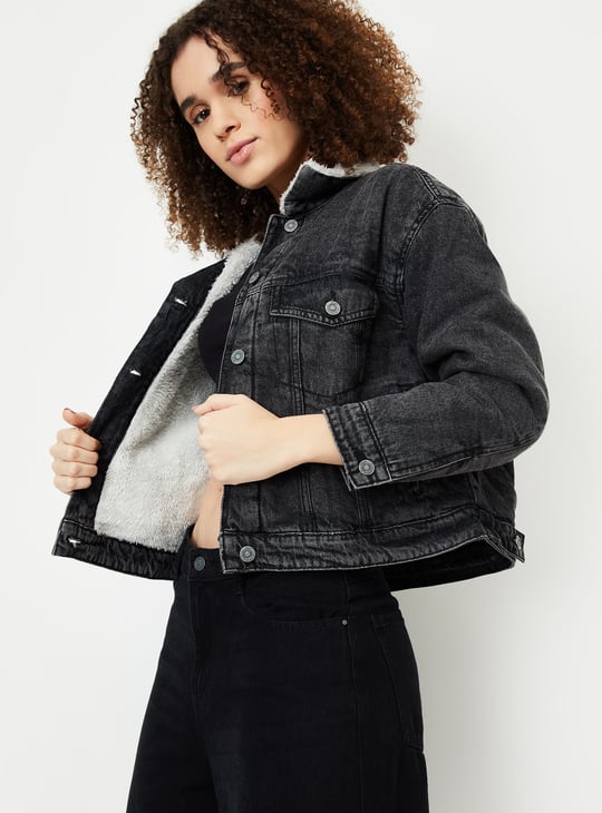 Women Washed Denim Jacket with Sherpa Collar Denim