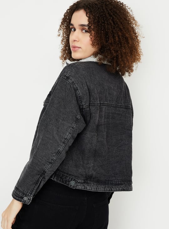 Women Washed Denim Jacket with Sherpa Collar