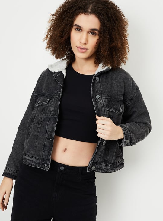 Women Washed Denim Jacket with Sherpa Collar