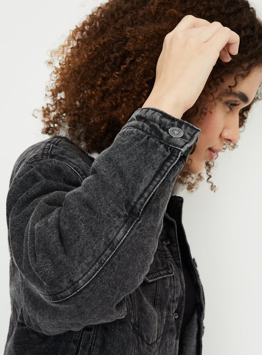 Women Washed Denim Jacket with Sherpa Collar