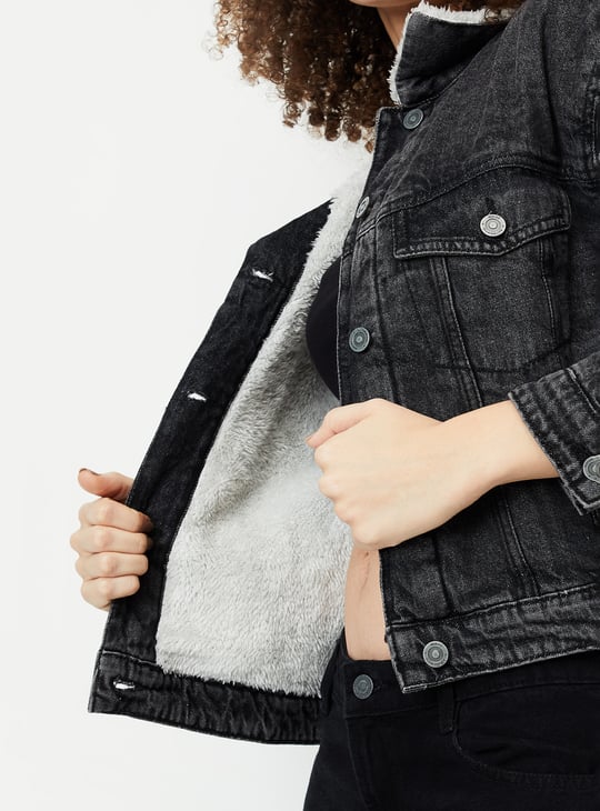Women Washed Denim Jacket with Sherpa Collar Denim