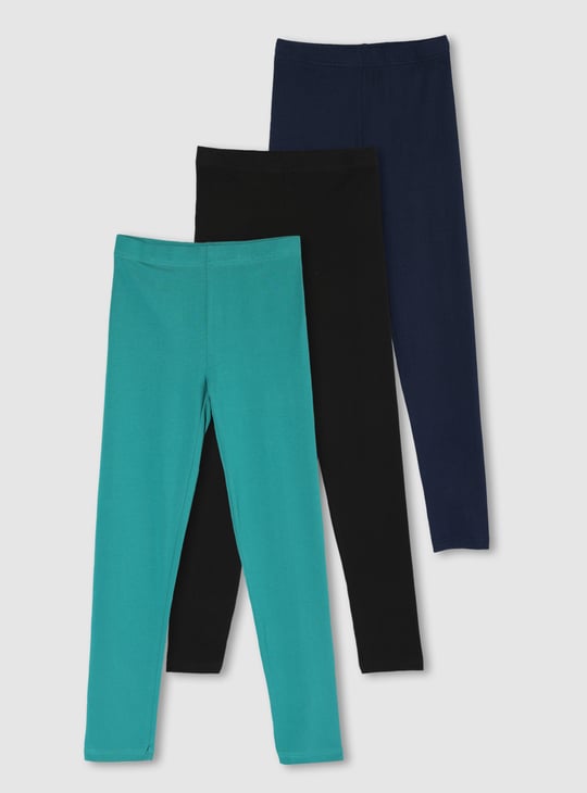 Girls Solid Full-Length Leggings - Pack of 3