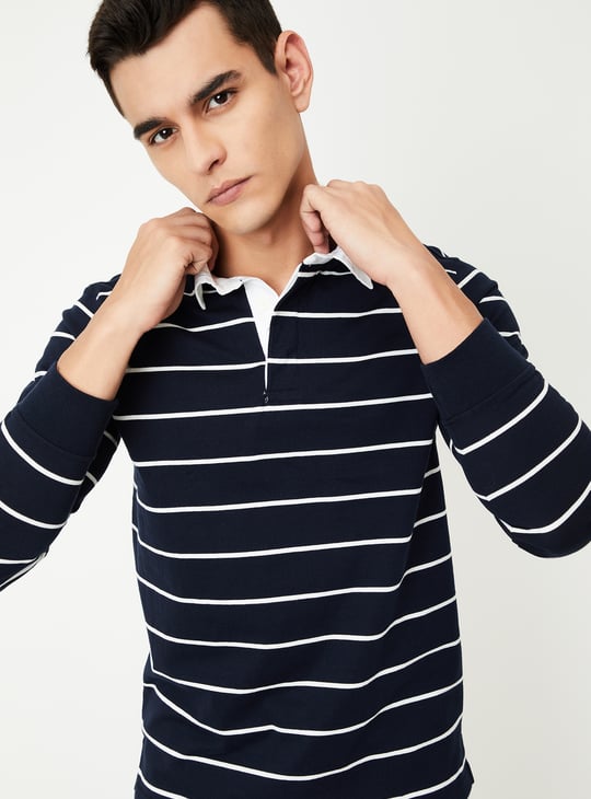Long Sleeve Mens Blue And White Striped Polo Shirt Men Striped