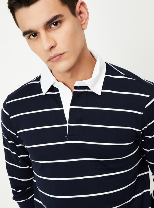 Men Striped Polo T-shirt with Full Sleeves