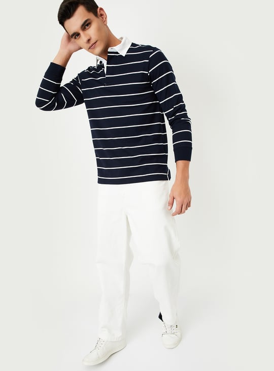 Men Striped Polo T-shirt with Full Sleeves