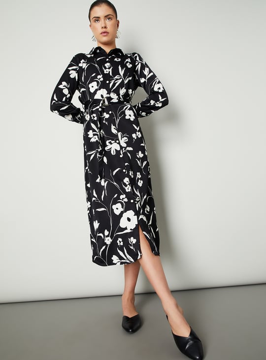 Women Printed Belted Shirt Dress