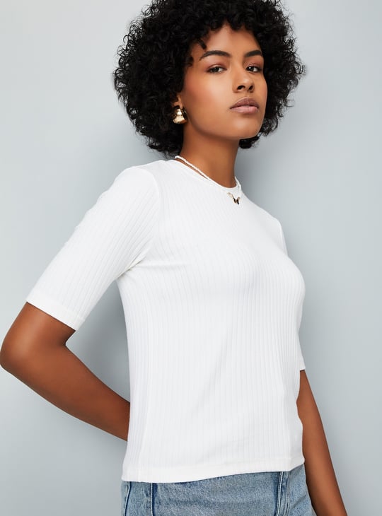 Women Rib Knit Top | White | Ribbed
