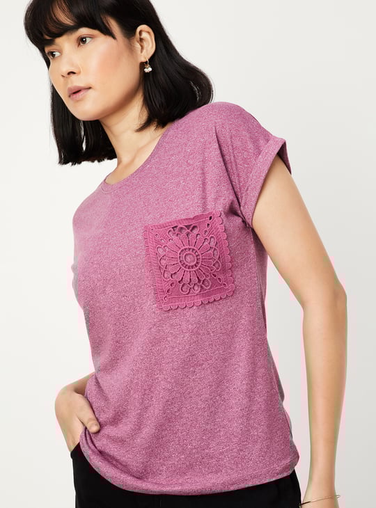 Women Solid T-shirt with Crochet Pocket Solid