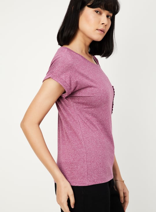 Women Solid T-shirt with Crochet Pocket