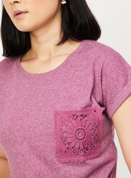 Women Solid T-shirt with Crochet Pocket