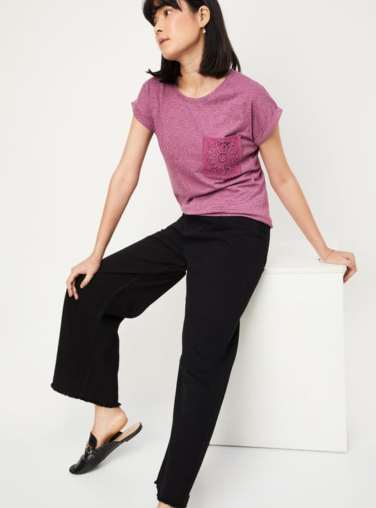 Women Solid T-shirt with Crochet Pocket