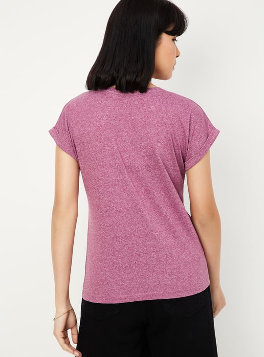Women Solid T-shirt with Crochet Pocket