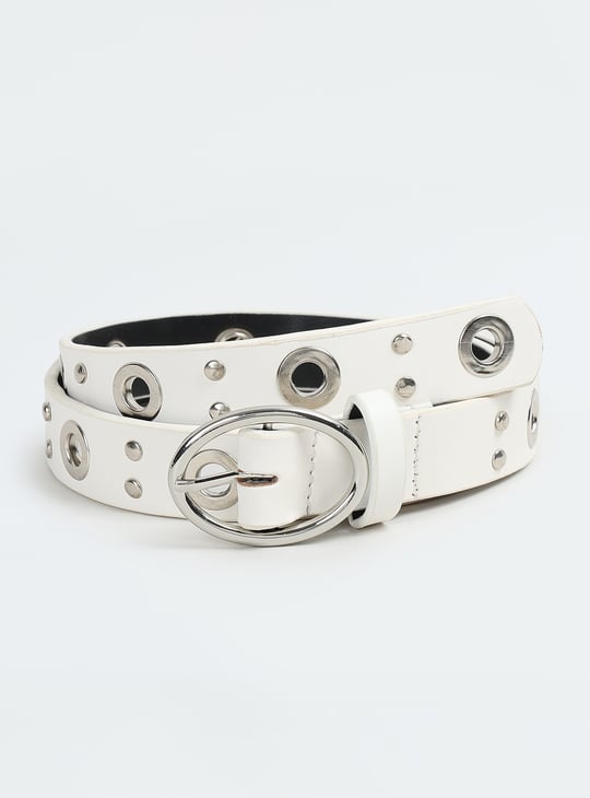 Women Metallic Eyelets Detail Belt White PU