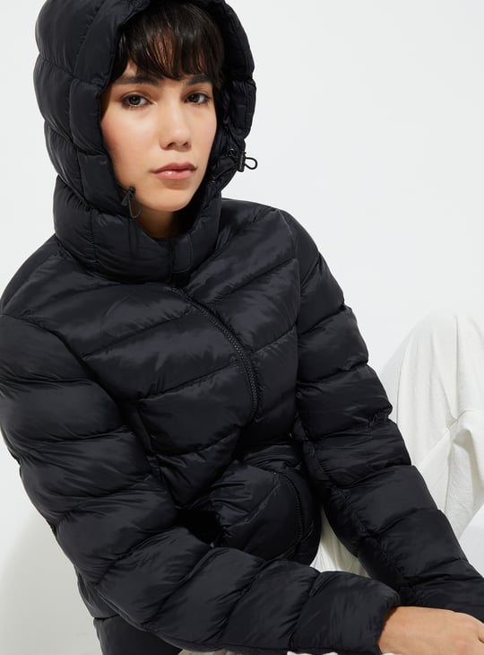 URB_N Women Quilted Puffer Jacket with Hood Black