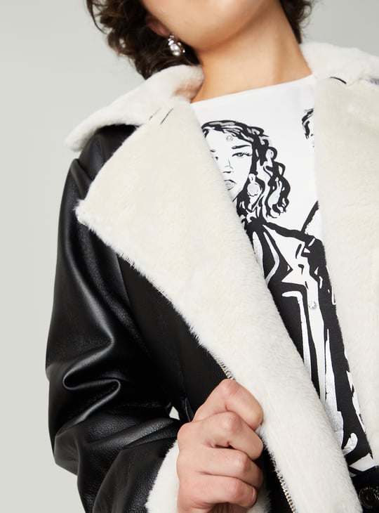 Women Solid Biker Jacket with Faux Fur Trim