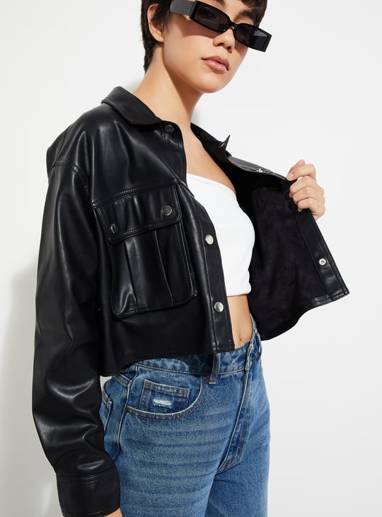 URB_N Women Faux Leather Crop Biker Jacket