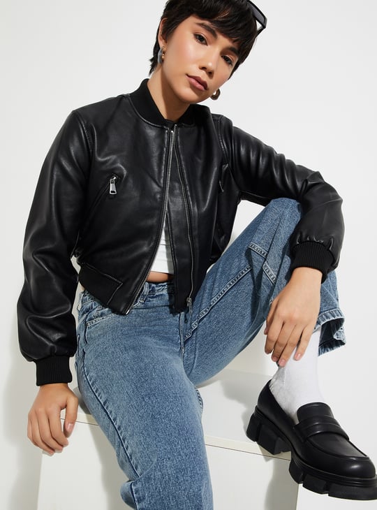 URB_N Women Faux Leather Crop Bomber Jacket Solid
