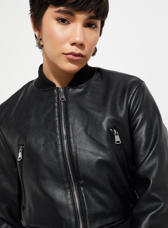 URB_N Women Faux Leather Crop Bomber Jacket Solid
