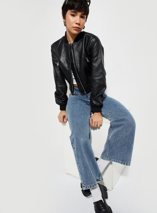 URB_N Women Faux Leather Crop Bomber Jacket