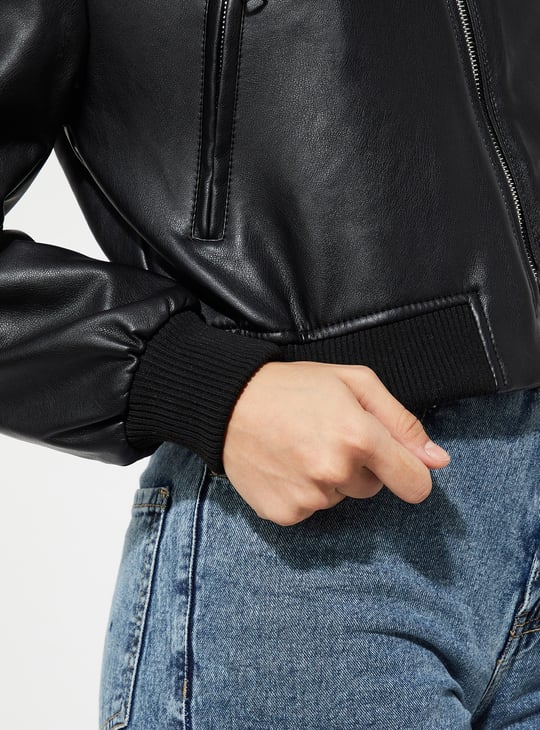 URB_N Women Faux Leather Crop Bomber Jacket