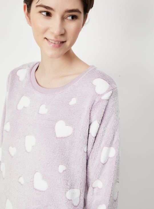 Women Heart Patterned Fleece Pyjama Set