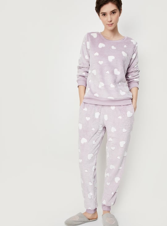 Women Heart Patterned Fleece Pyjama Set