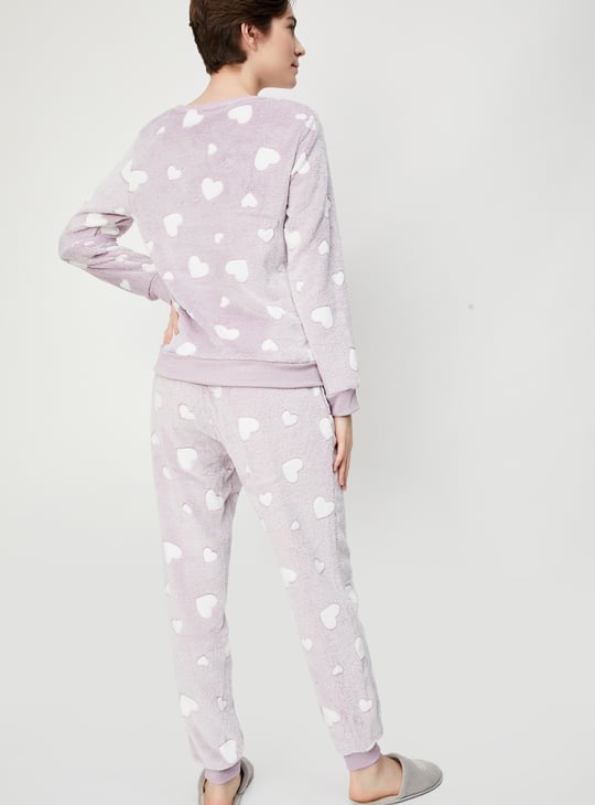 Women Heart Patterned Fleece Pyjama Set