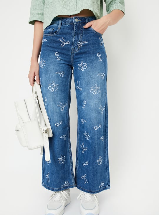 Women Embroidered Wide Leg Jeans