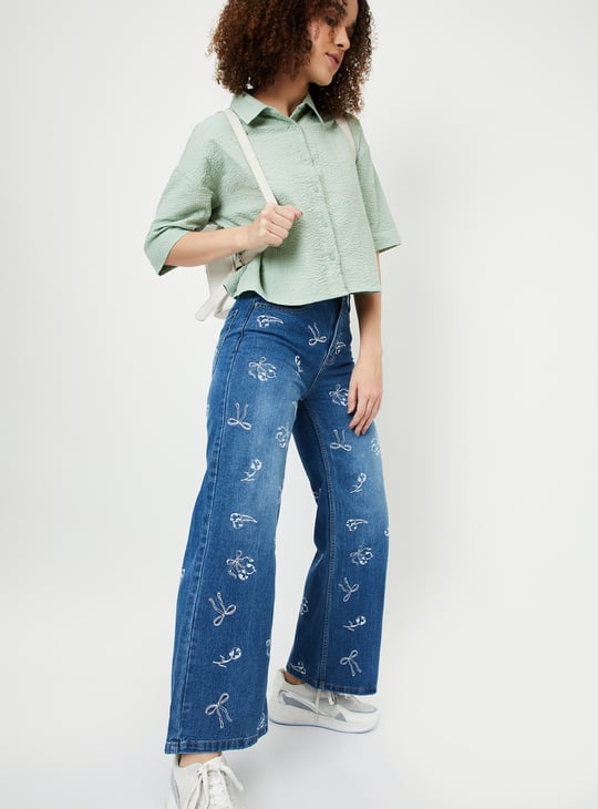 Women Embroidered Wide Leg Jeans