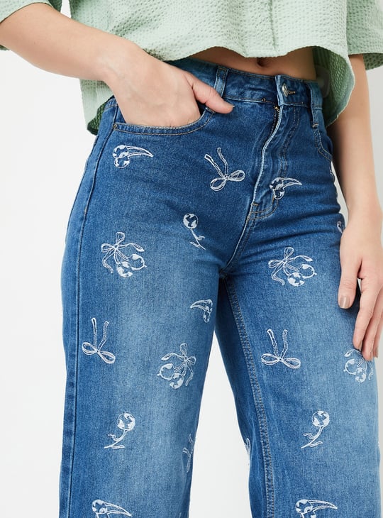 Women Embroidered Wide Leg Jeans