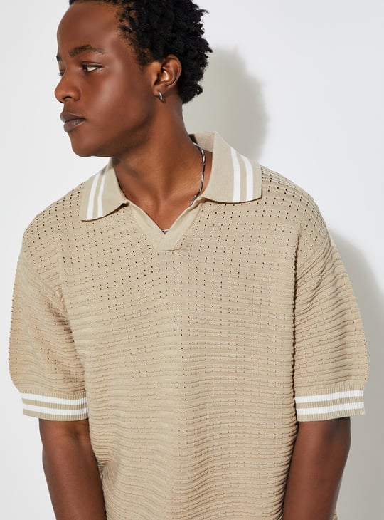 URB_N Men Oversized Knit Polo T-shirt Beige Polo