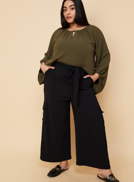 Women Textured Belted Cargo Trousers