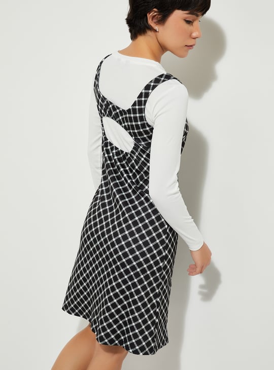 URB_N Women Checked Pinafore Dress with T-shirt