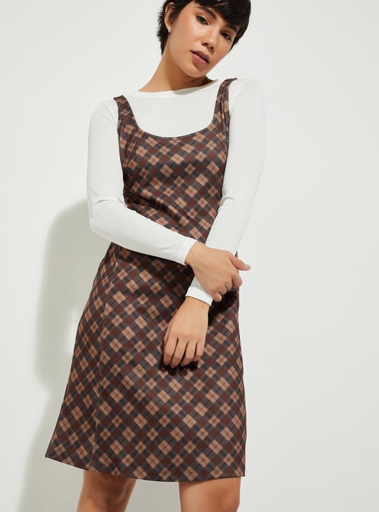 URB_N Women Checked Pinafore Dress with T-shirt