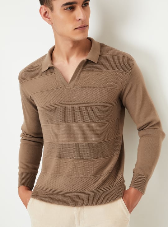 Men Striped Knit Johnny Collar Sweater