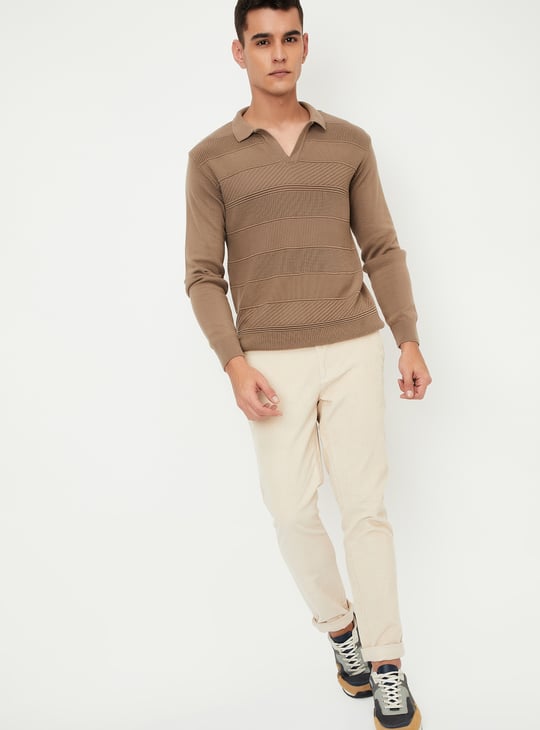 Men Striped Knit Johnny Collar Sweater
