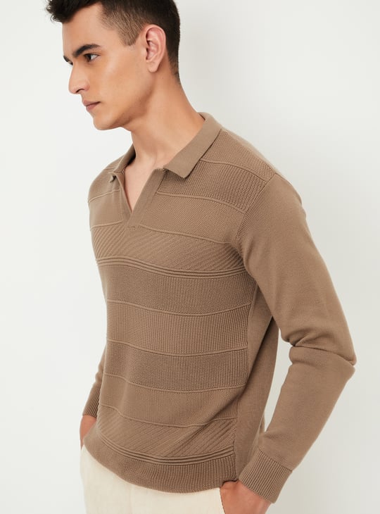 Men Striped Knit Johnny Collar Sweater