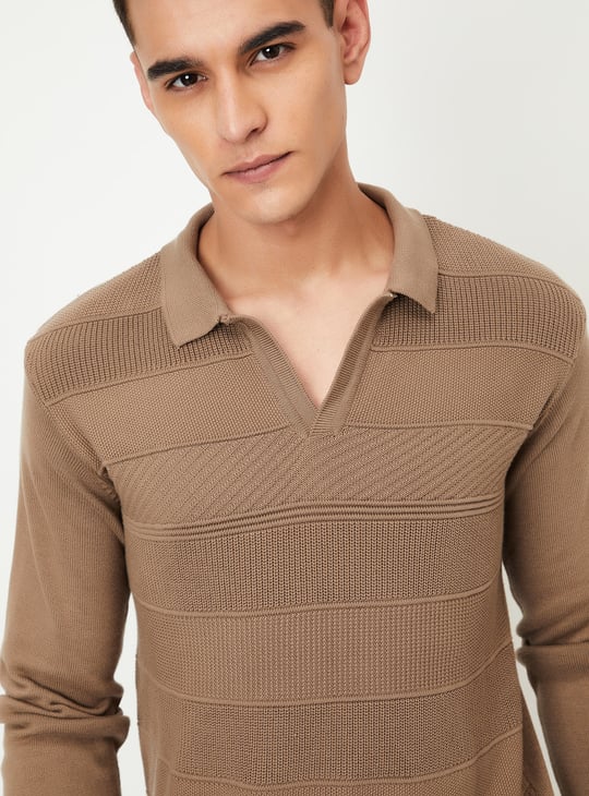 Men Striped Knit Johnny Collar Sweater