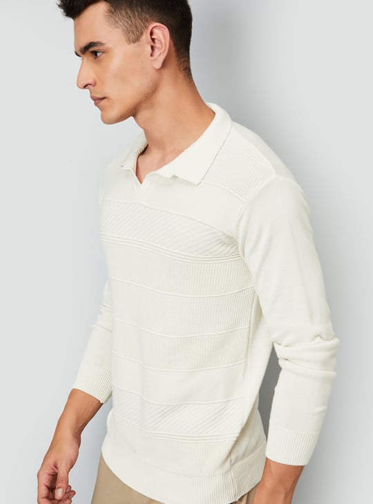 Men Striped Knit Johnny Collar Sweater