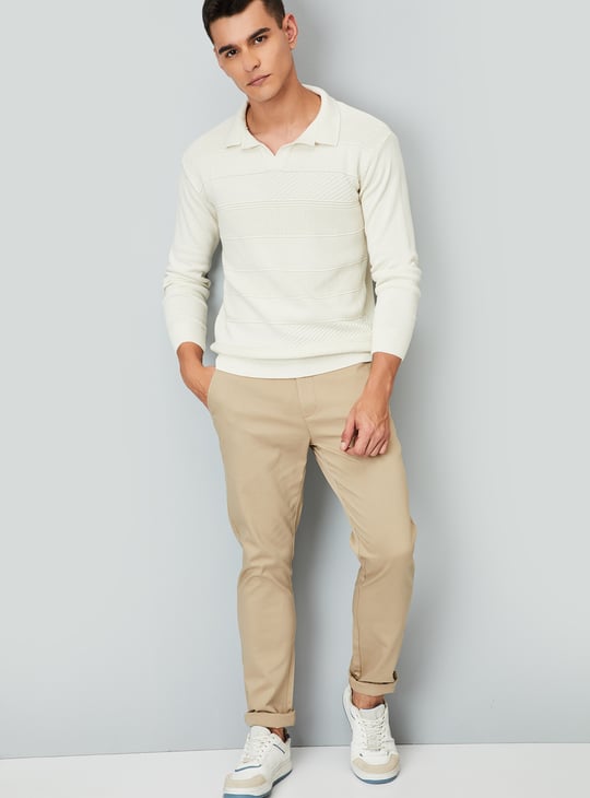 Men Striped Knit Johnny Collar Sweater