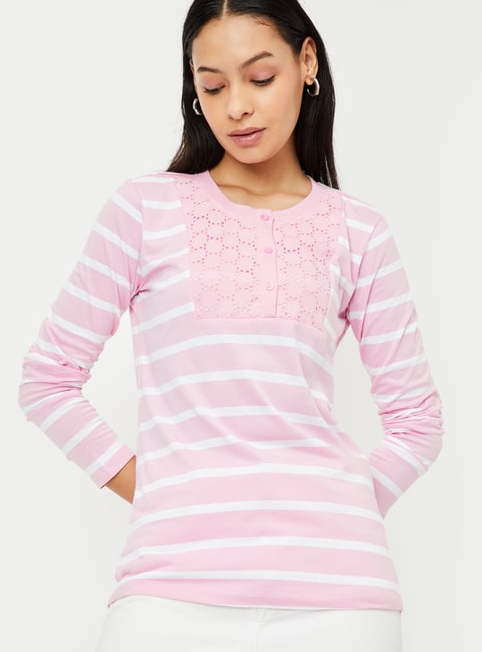 Women Striped Henley T-shirt