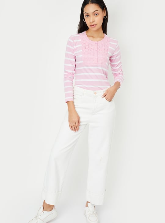 Women Striped Henley T-shirt